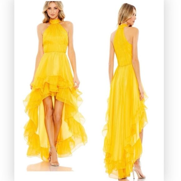 Mac Duggal 55807 NWT Ruffle Tiered High Low Pleated Halter Neck Gown $298 size 0